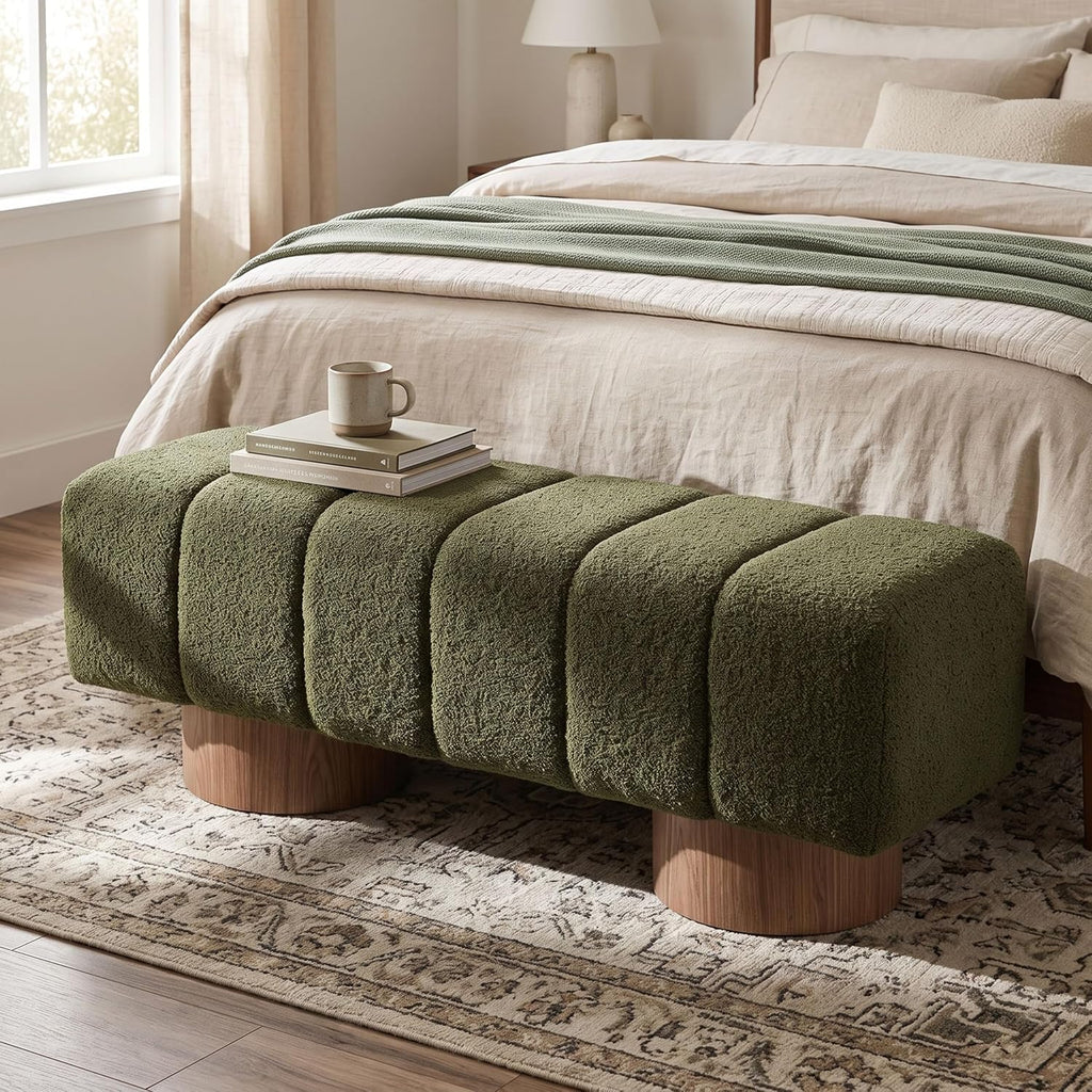Merax 50" Green Boucle Upholstered Dining Bench Entryway Bench | No Assembly Required, End of Bed Ottoman, for Living Room Dining Room Bedroom, Floor-Friendly Feet Pads, Bear 300 LBS
