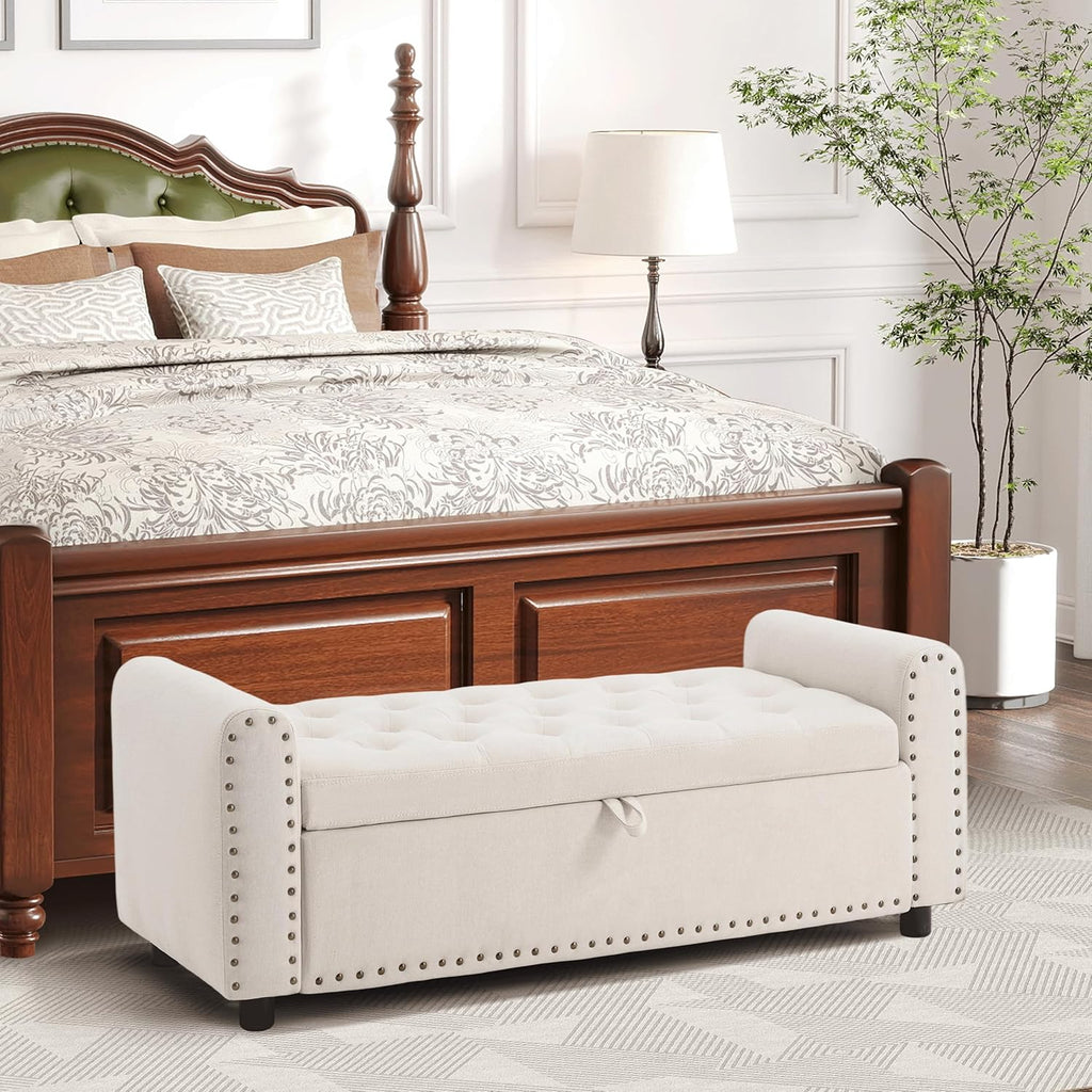 Ottoman with Storage, Tufted Storage Bench for Bedroom, 48" Fabrics End of Bed Bench, Upholstered Entryway Shoe Benches with Rolled Arm & Inner Zipper, Window Ottomans Chest with Rivets, Beige