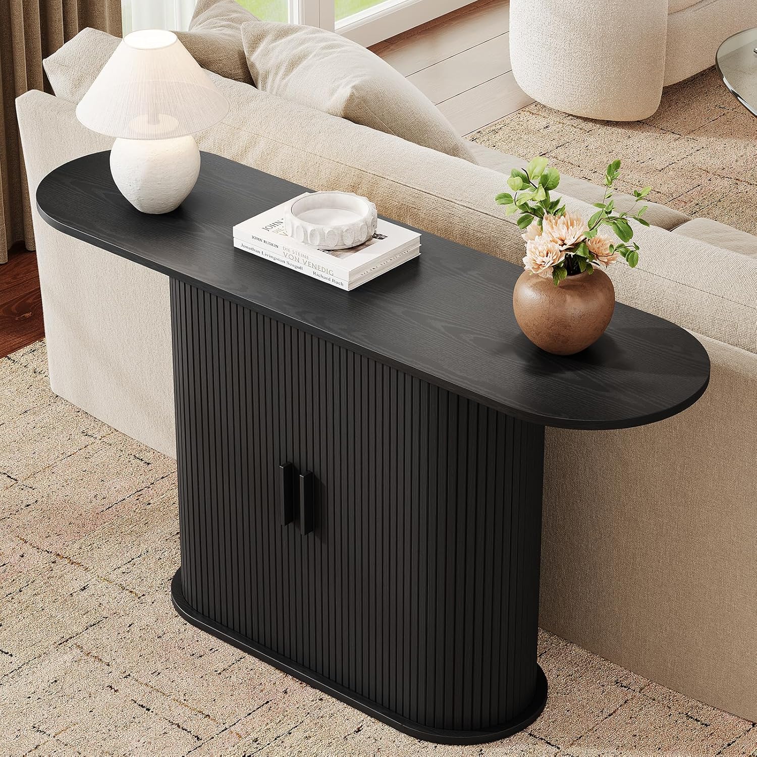 55 Inch Console Table with Storage, Fluted Entryway Tables with Sliding Doors, Sofa Table Behind The Couch, Hallway Tables, Mid-Century Modern Foyer Table for Entryway, Hallway, Living Room, Black