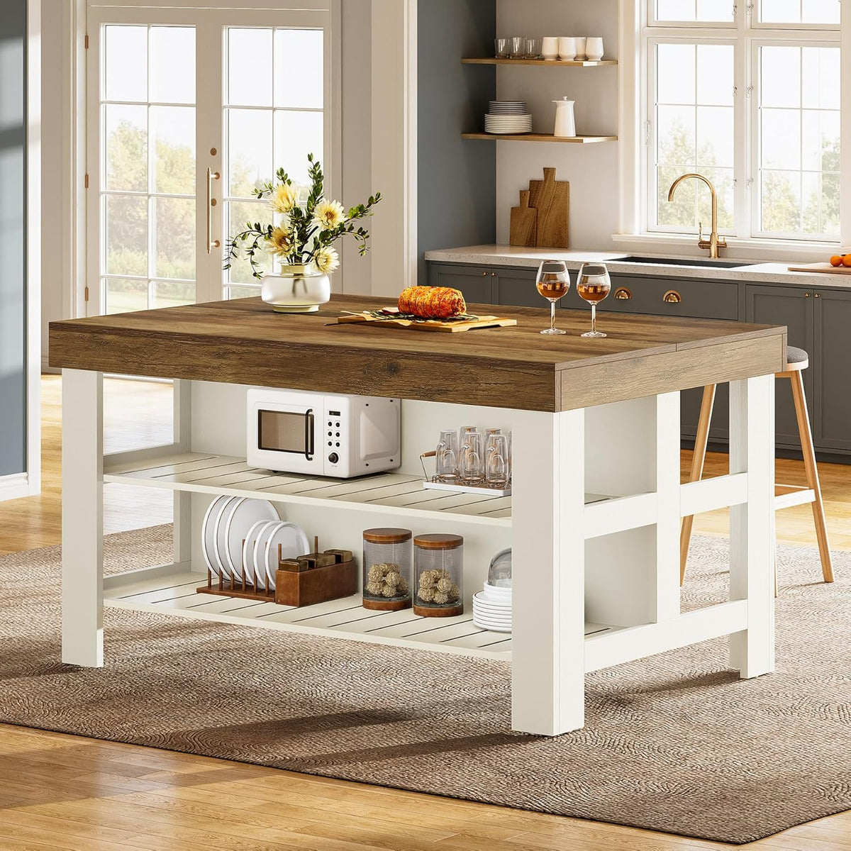 Tribesigns Kitchen Island with Seating and Storage Shelves, 55.1-Inch Breakfast Counter Farmhouse Island Table for Kitchen Dining Room (White and Light Brown)