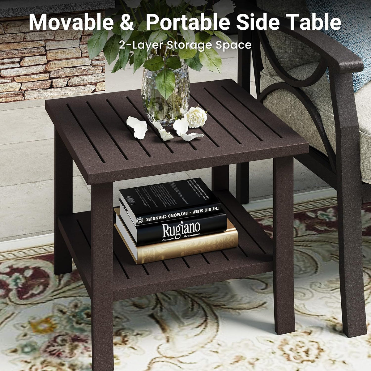 RoyalCraft Outdoor Patio Furniture Set, 3 Pieces Metal Patio Conversation Set with Side Table for Porch Garden Backyard, Beige