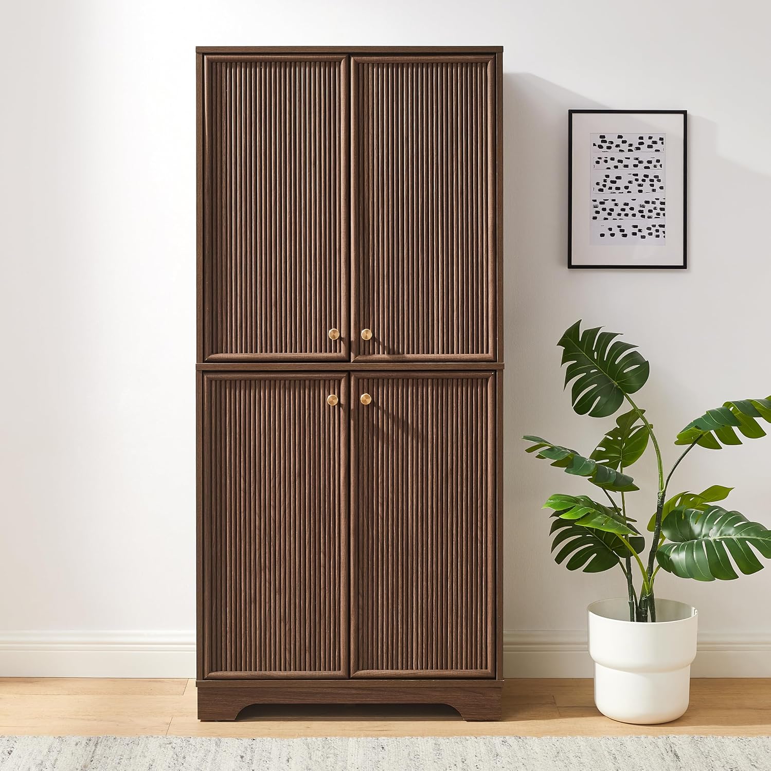 Crosley Furniture Naomi Modern Reeded Kitchen Pantry Storage Cabinet, Dining, Laundry Room, Bathroom, Walnut