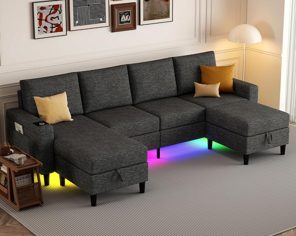 109" Sectional Couch with RGB Lights, U Shaped Couches for Living Room | Wireless Charging, USB & Type-C Port, Storage Ottoman, Reversible Chaise Lounge, Linen Fabric, Dark Grey, for Apartment