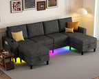109" Sectional Couch with RGB Lights, U Shaped Couches for Living Room | Wireless Charging, USB & Type-C Port, Storage Ottoman, Reversible Chaise Lounge, Linen Fabric, Dark Grey, for Apartment