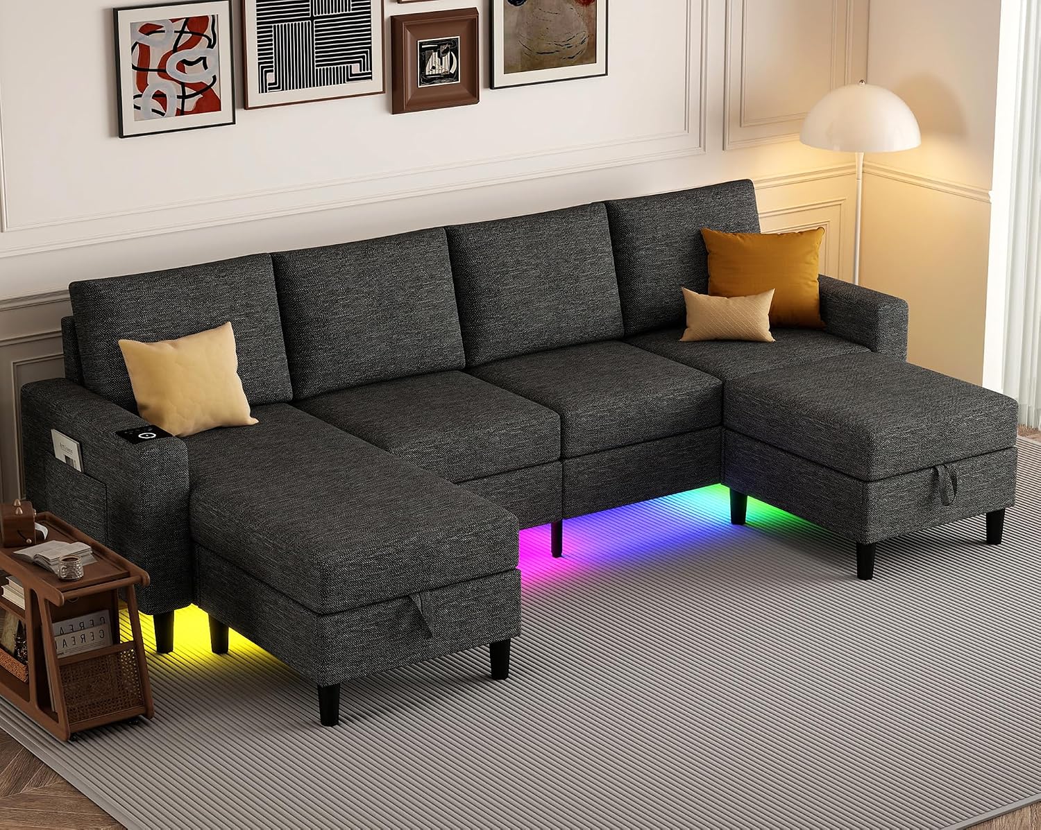 109" Sectional Couch with RGB Lights, U Shaped Couches for Living Room | Wireless Charging, USB & Type-C Port, Storage Ottoman, Reversible Chaise Lounge, Linen Fabric, Dark Grey, for Apartment