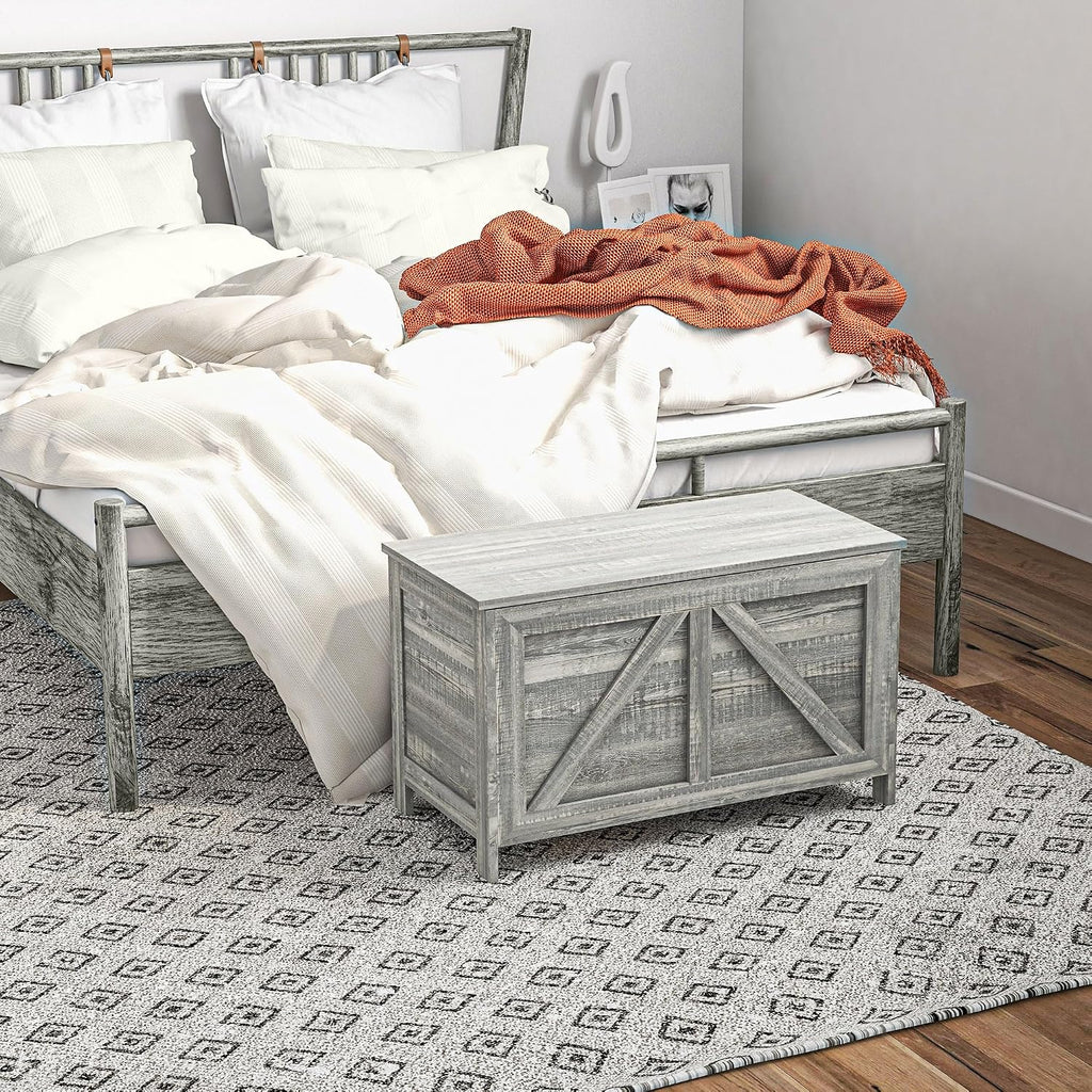 HOMCOM 30" Farmhouse Storage Bench Lift Top Storage Chest in Light Gray | Safety Hinge, Open Up 100°, Wooden Trunk, Bedroom, Entryway, Living Room