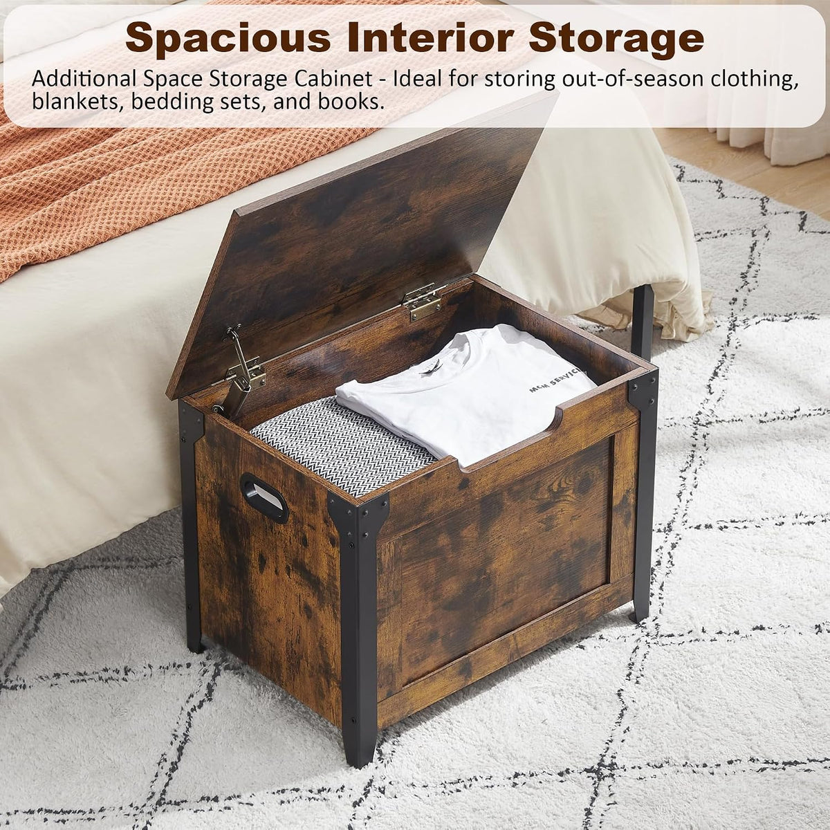 IDEALHOUSE Storage Bench, 23.6" Retro Wooden Storage Chest with 2 Safety Hinges, Loads 300 lb, Easy Assembly, Storage Ottoman Bench for Bedroom Entryway Living Room, Rustic Brown