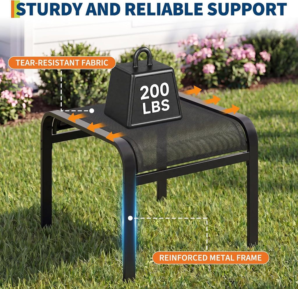 Outdoor Ottoman Set of 2, Ottoman Foot Rest with Textile Fabric, Metal Frame, No-Slip Feet, Stackable Stools for Patio Garden Pool, Black