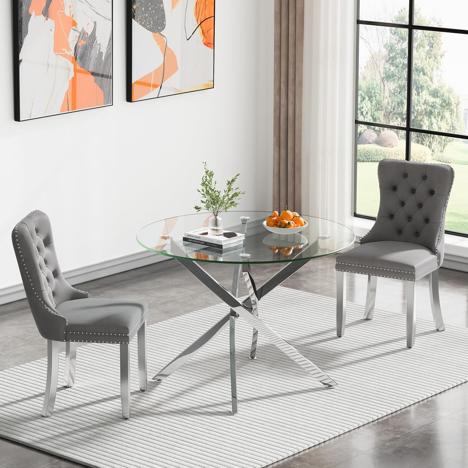 HomVent Round Glass Dining Table Set for 2, Circle Glass Kitchen Table Set Small Dining Room Set with 2 Dining Chairs for Kitchen Dining Room