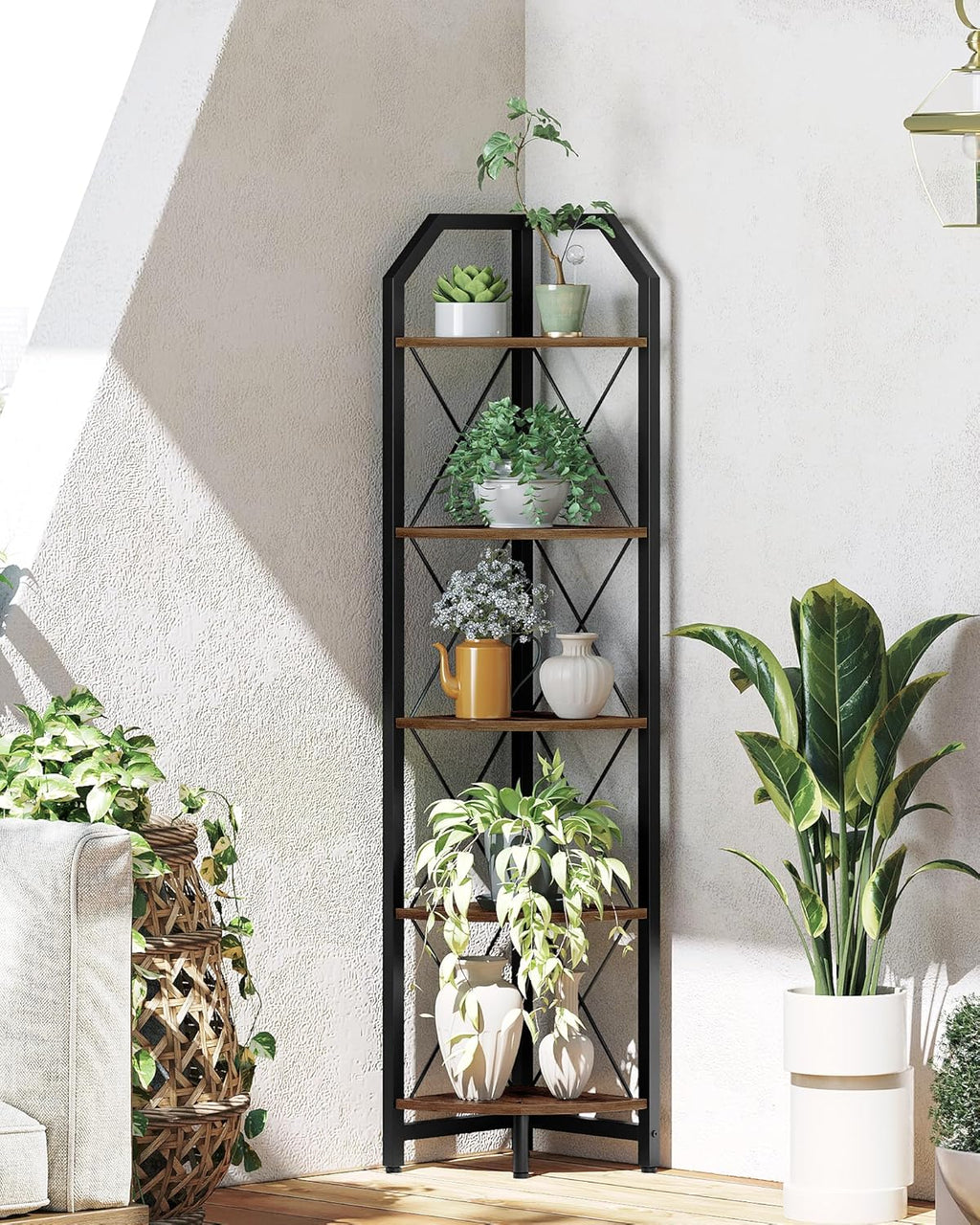 CHOEZON 59.4" Corner Shelf, 5-Tier Industrial Corner Bookshelf, Corner Storage Stand, Plant Stand Display Shelf, Bookcase for Bedroom, Living Room, Home Office, Rustic Brown and Black TCJ10BF