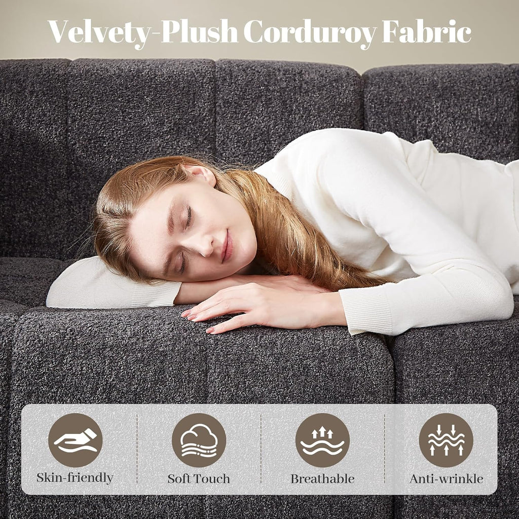 Modular Sectional Sofa with Deep Seat, Cloud Couch with 2 Movable Ottoman, No Assembly Required, Modern Plush Corduroy Cloud Couches for Living Room & Apartment, Grey