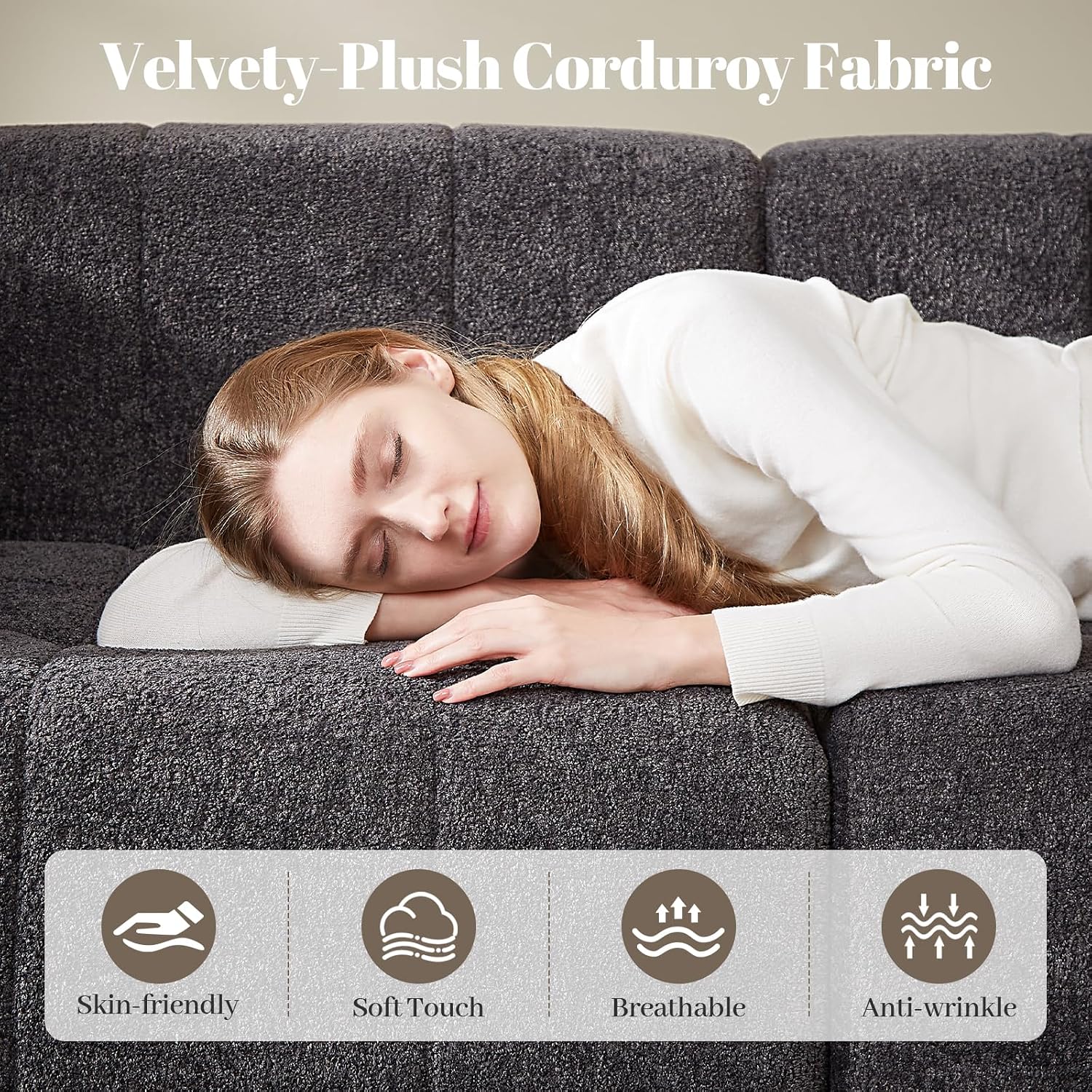 Modular Sectional Sofa with Deep Seat, Cloud Couch with 2 Movable Ottoman, No Assembly Required, Modern Plush Corduroy Cloud Couches for Living Room & Apartment, Grey