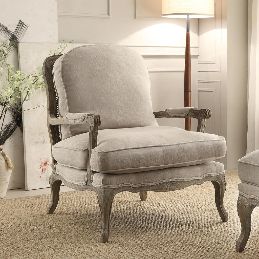 Lexicon French Country Wood Accent Chair, Carved Frame, Neutral | Living Room Chair with Carved Show Wood Frame, Cabriole Legs, Padded Arms, Reversible Cushion, Arrives Assembled