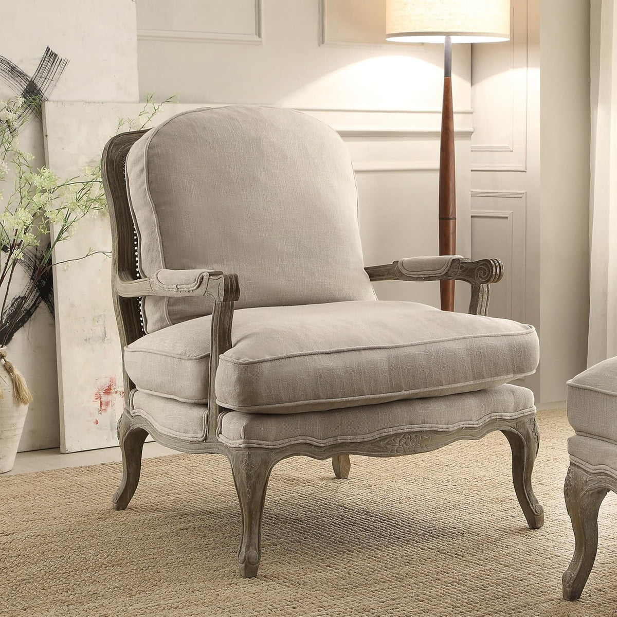Lexicon French Country Wood Accent Chair, Carved Frame, Neutral | Living Room Chair with Carved Show Wood Frame, Cabriole Legs, Padded Arms, Reversible Cushion, Arrives Assembled