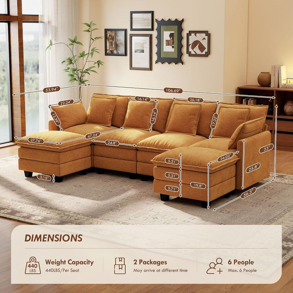 Ihanherry 107" Modular Sectional Cloud Sofa, U Shaped 6 Seat Chenille Couch with Movable Ottoman and 48" Deep Seat, Convertible Couches for Living Room, Orange