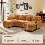 Ihanherry 107" Modular Sectional Cloud Sofa, U Shaped 6 Seat Chenille Couch with Movable Ottoman and 48" Deep Seat, Convertible Couches for Living Room, Orange