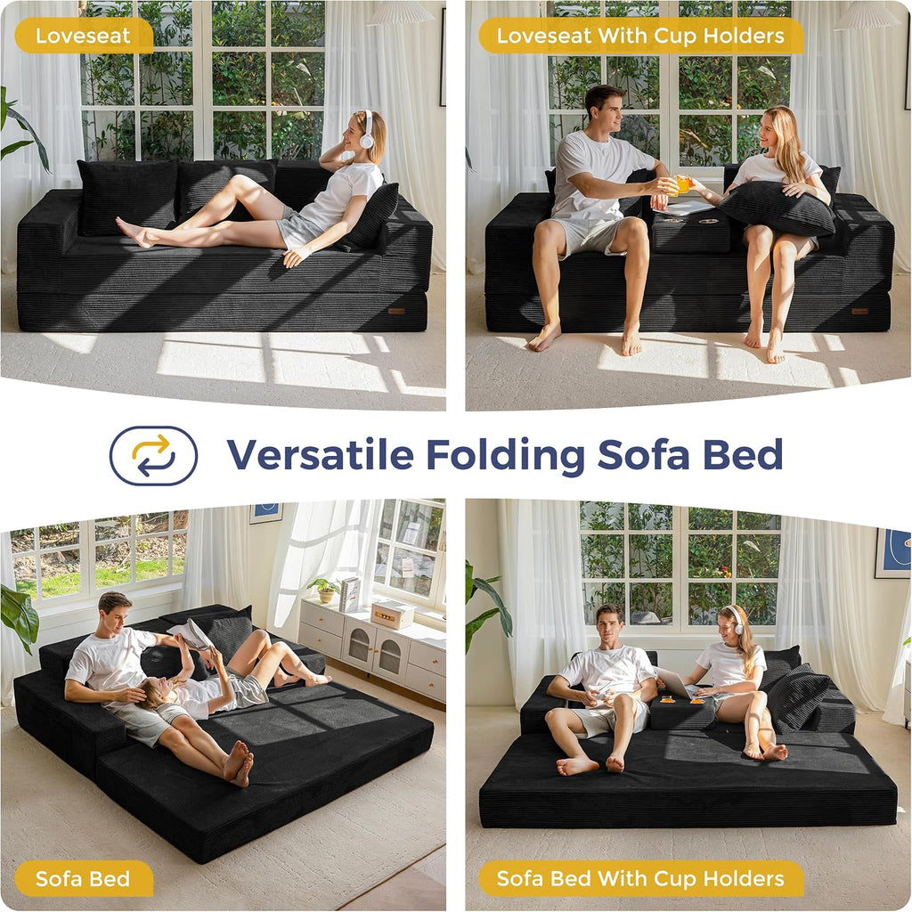 MAXYOYO Sofa Bed, 80-Inch Oversized Loveseat, 2 Cup Holders | Corded Black 4-in-1 Couch Converts Into a Floor Sofa or Chair; Sofa-in-a-Box Design Requires No Assembly.