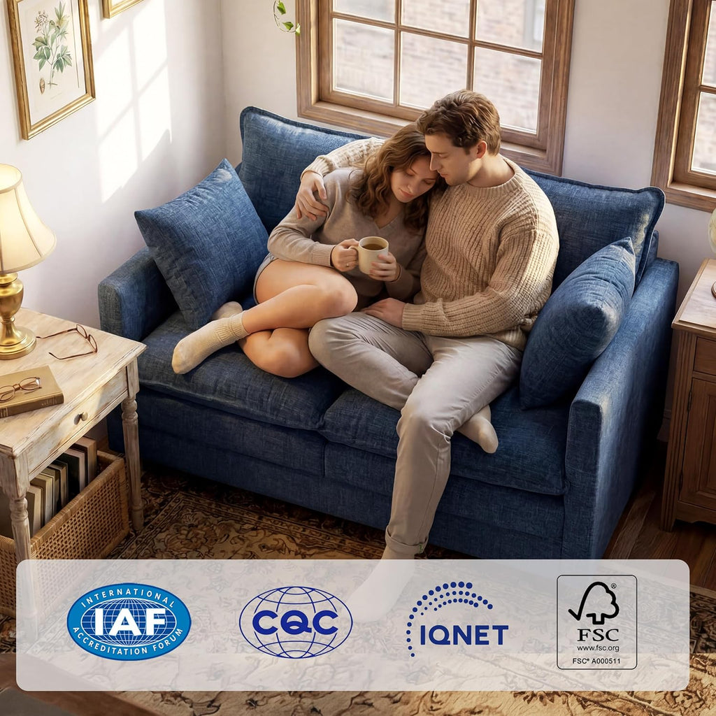 KYJ Loveseat Sofa, Cloud Love Seat Couch 3 Layer Cushion for Small Spaces | 50" Chenille Small Sofa, 27" Deep Seat, 2 Washable Pillow, in a Box for Bedroom & Living room, Singles, Couple & Kid, Blue
