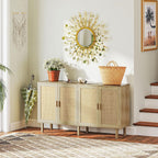 HOMCOM Sideboard Buffet Cabinet, 62" Boho Buffet Table, Rattan Coffee Bar Cabinet with 4 Doors and Shelves for Kitchen, Living Room, Entryway, Natural