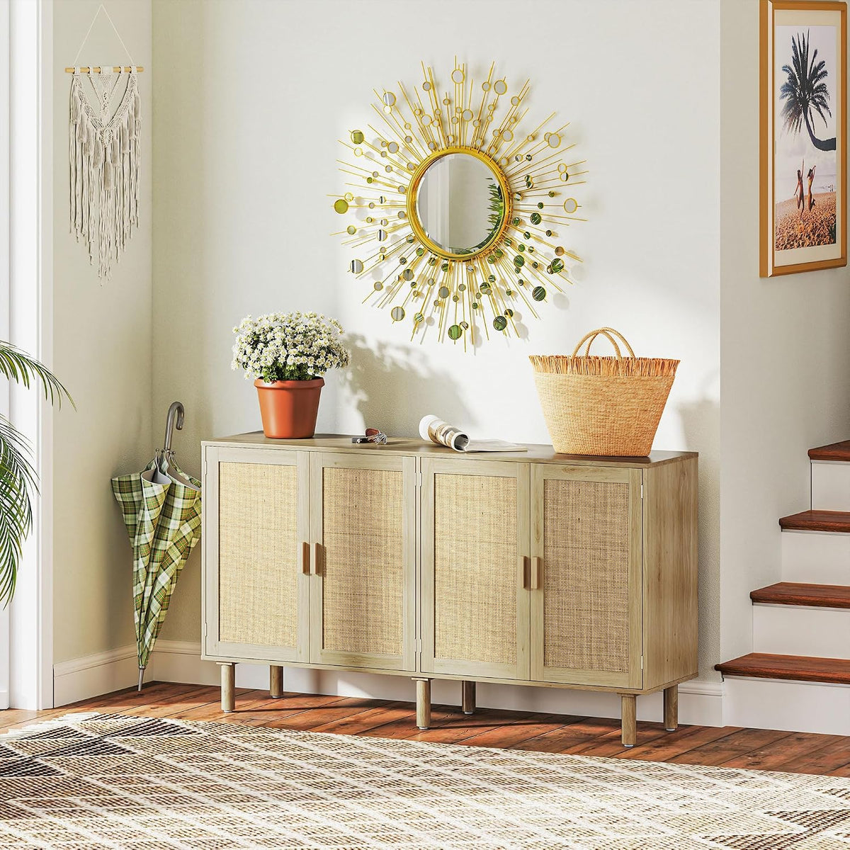 HOMCOM Sideboard Buffet Cabinet, 62" Boho Buffet Table, Rattan Coffee Bar Cabinet with 4 Doors and Shelves for Kitchen, Living Room, Entryway, Natural