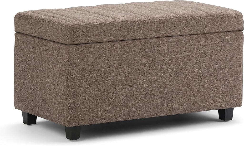 SIMPLIHOME Darcy 33 inch Wide Contemporary Rectangle Storage Ottoman Bench in Fawn Brown Linen Look Fabric, Assembled, For the Living Room, Entryway and Family Room