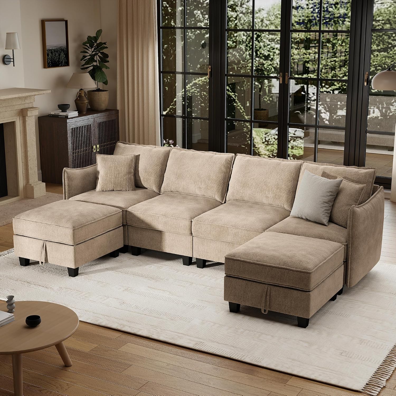 Ihanherry 112" Modular Sectional U-Shaped Sofa, Modern 6-Seat Cloud Couch with 2 Storage Ottomans, Soft Chenille Fabric Sectional Set for Living Room Bedroom Apartment, Brown