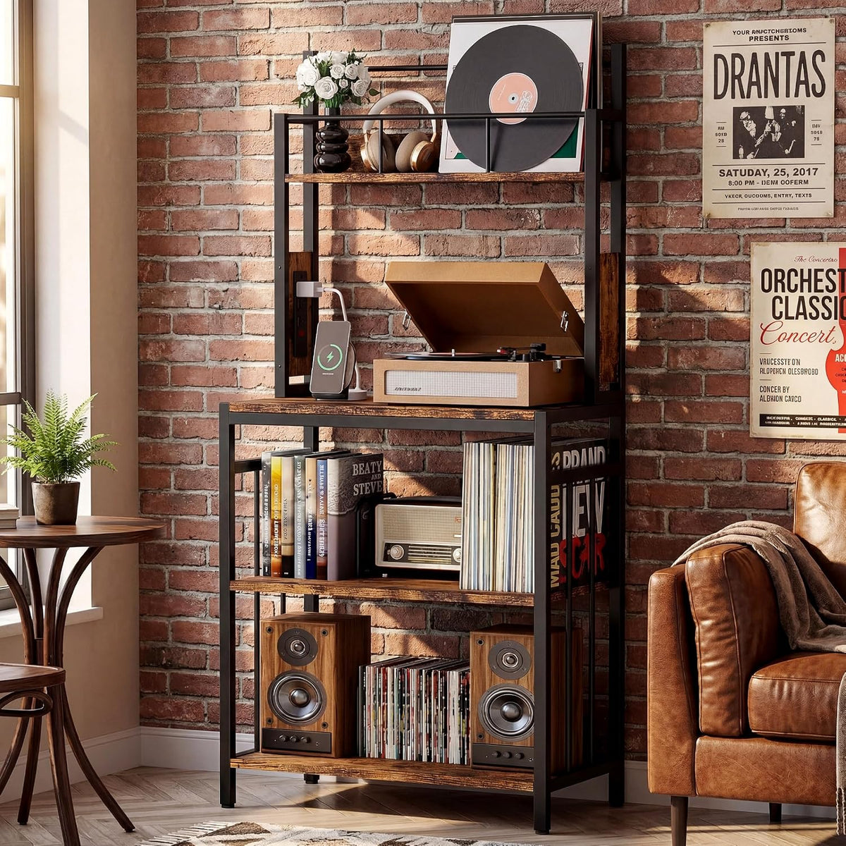 IRONCK Record Player Stand with Storage, Turntable Stand for Living Room | 2-Tier Vinyl Record Shelf with Charge Station, Record Rack Holds Up to 300+ Albums