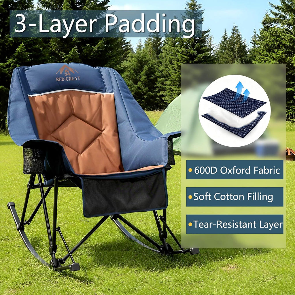400lbs Rocking Camping Chair, Oversized Heavy Duty XL Folding Rocker for Adults, Padded High Back Big & Tall Support, with Cup Holders & Carry Bag for RV, Lawn, Patio & Sports