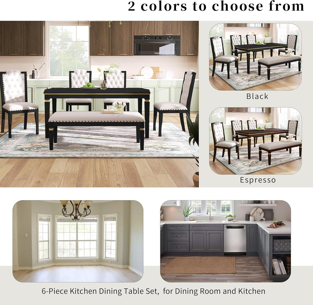 Merax 6-Piece Kitchen Dining Table Set, 60" Rectangular Table with 4 High-Back Tufted Upholstered Chairs & 1 Bench, Rubberwood Legs Modern Elegant Farmhouse for Kitchen Room, Black