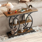 GiftGo Narrow Console Table for Entryway Industrial 3-Tier Sofa Table Behind Couch with Circle Base Wooden Accent Wall Tables with Storage Shelves for Living Room, Hallway, Foyer (Rustic Brown)