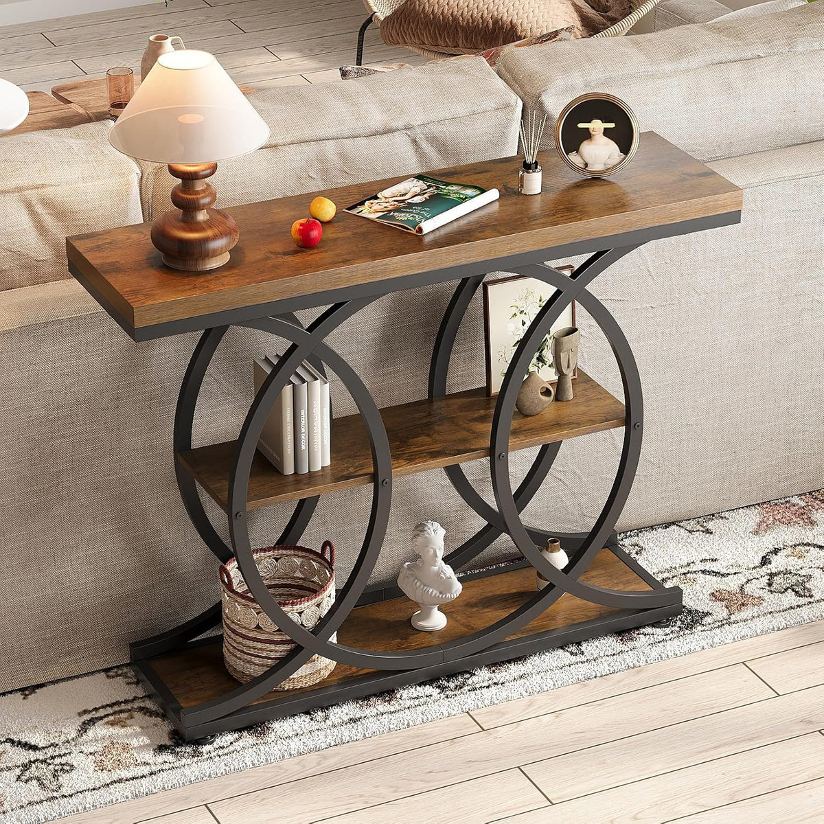 GiftGo Narrow Console Table for Entryway Industrial 3-Tier Sofa Table Behind Couch with Circle Base Wooden Accent Wall Tables with Storage Shelves for Living Room, Hallway, Foyer (Rustic Brown)