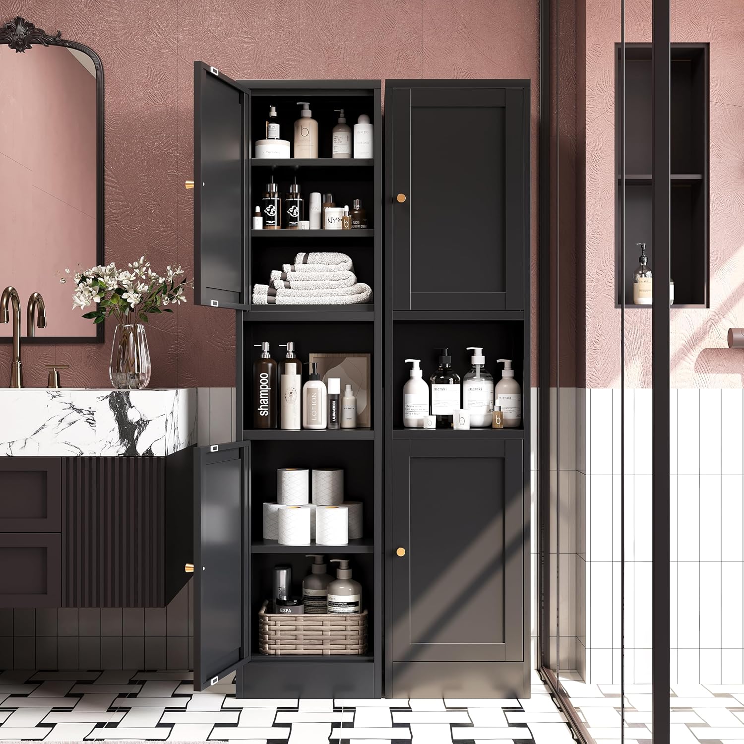 67" H Narrow Pantry Cabinet,Black Metal Cabinets,Slim Pantry Storage Cabinet,Narrow Kitchen Storage Cabinet,Thin Pantry Cabinets for Living Room Dining Room