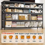 Dresser TV Stand for 50" TV, Sturdy Dresser for Bedroom with 5 Fabric Drawers and 3 Wood Open Shelves, Chest of Drawers Storage Dressers for Entryway, Closet, Grey, 11.8" D x 39.4" W x 38.4" H