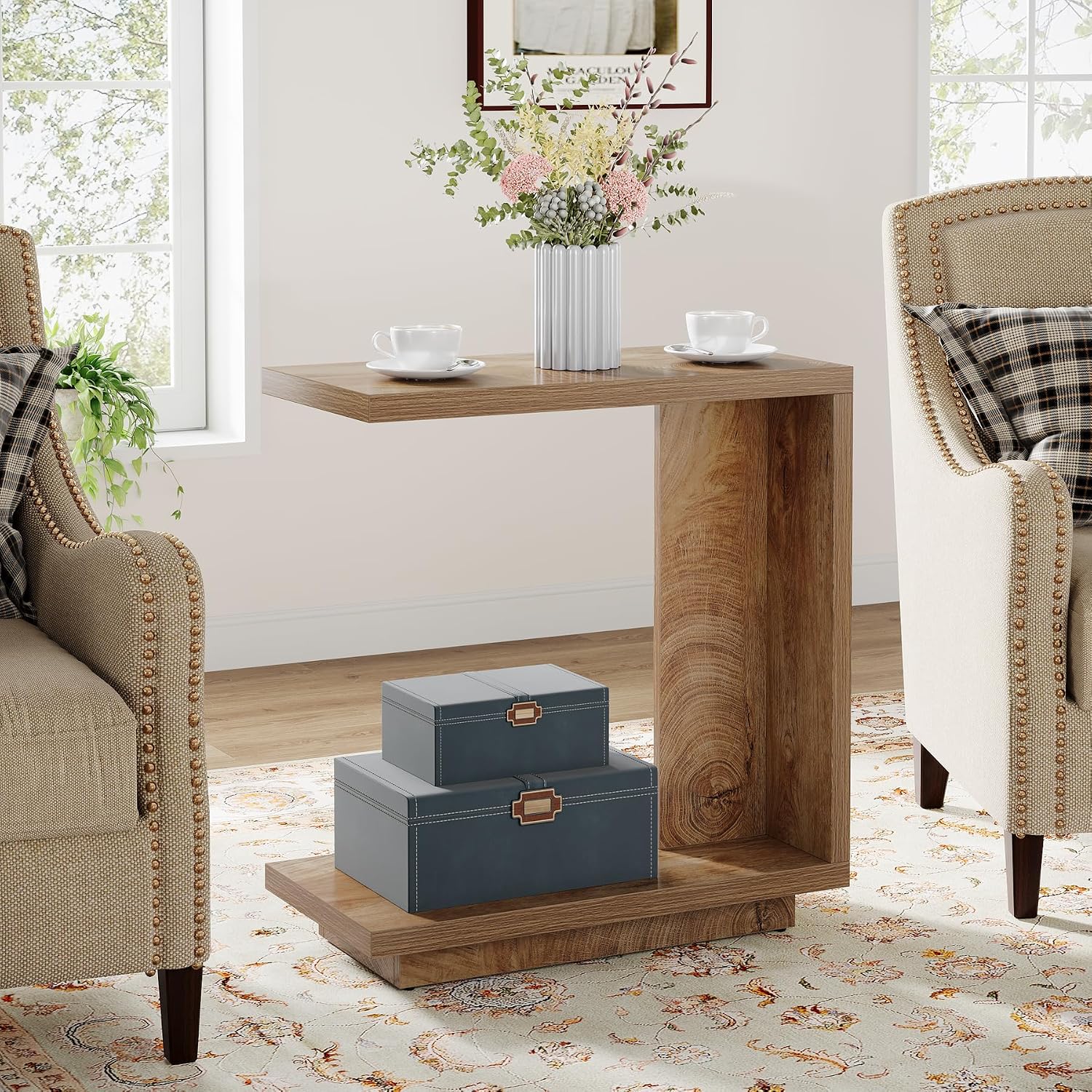 Tribesigns C-Shaped Side Table for Couch, 2-Tier C Table with Sturdy Pedestal, Industrial Sofa End Table for Living Room, Bedroom (Brown)