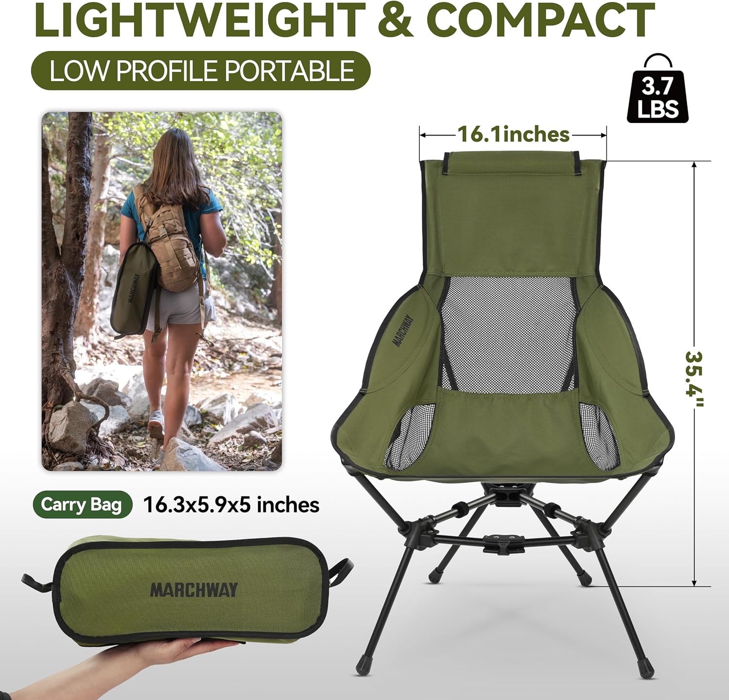MARCHWAY Lightweight Folding High Back Camping Chair with Head Support, Stable Portable Compact for Outdoor Camp, Travel, Beach, Picnic, Festival, Hiking, Backpacking (Highback Green)