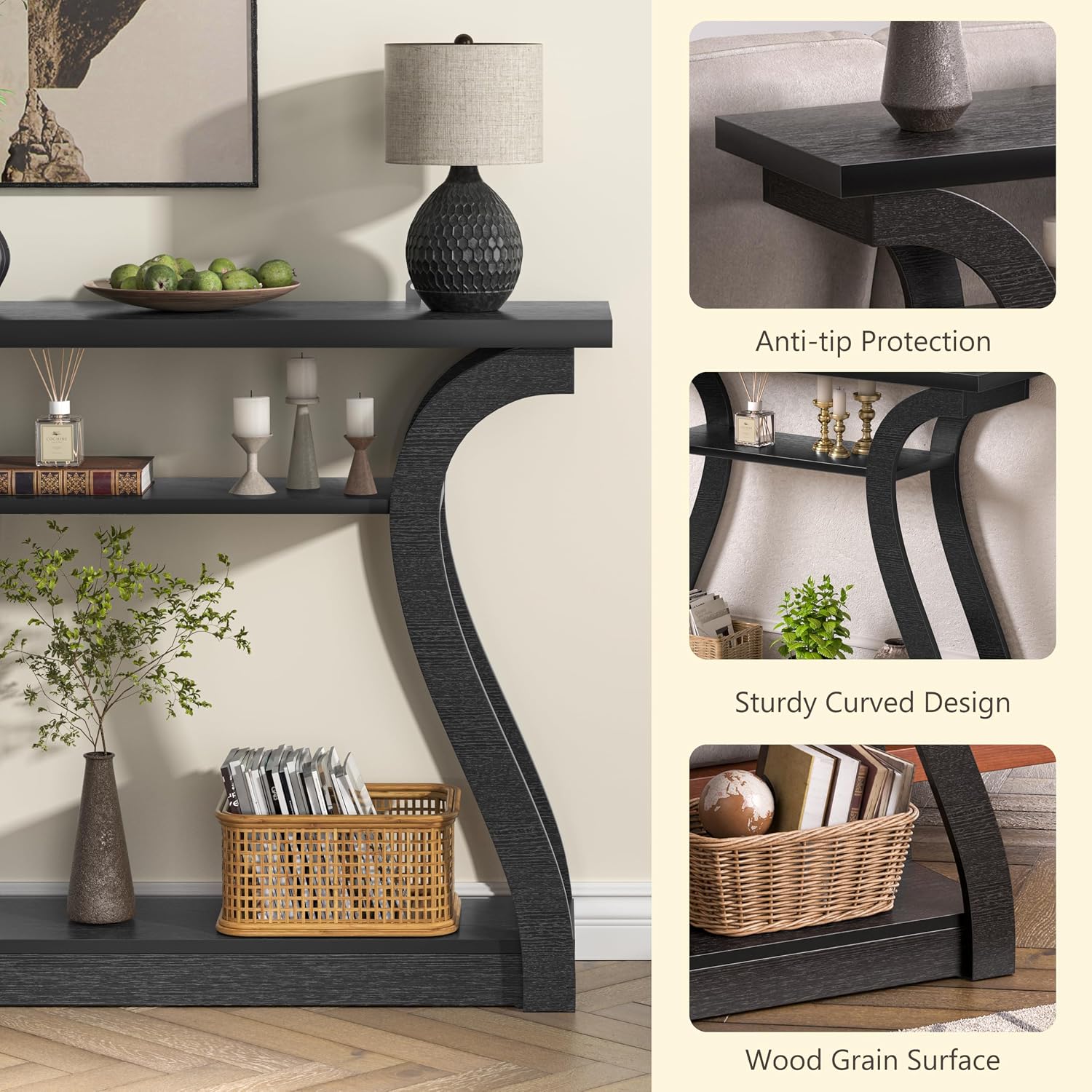 Wood Console Table, 3-Tier Accent Sofa Table (Black)