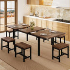 Einhomn 7-Piece Dining Table Set, 63" Extendable Kitchen Room Table with 6 Stools, Mid Century Modern Dinner Table with Metal Frame & MDF Board, Space-Saving, Easy Assembly, Walnut