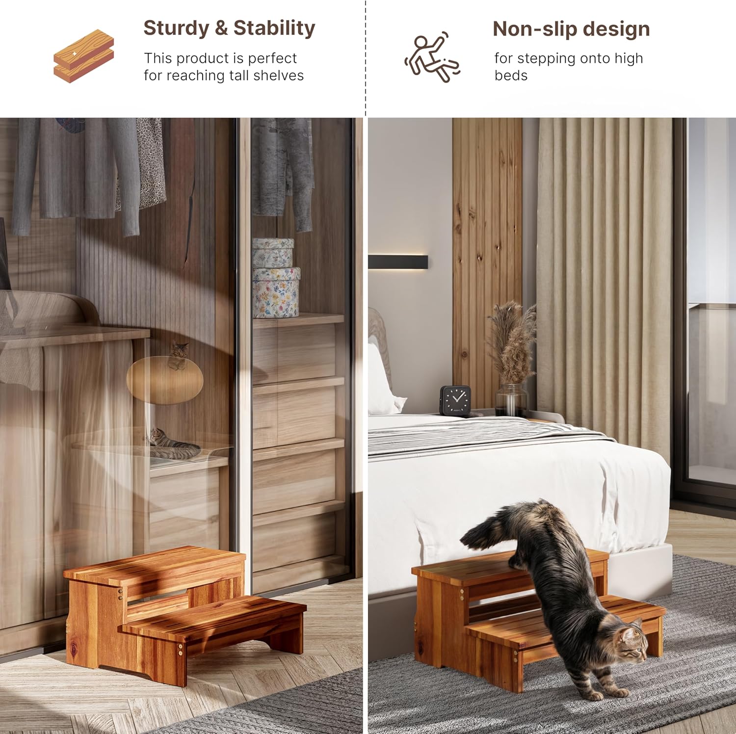 TINAMO 25" Long Step Stool for Adult & Kid - Acacia Wood Two Step Stool 500 Lbs - Wooden Riser 2-Step Spa & Hot Tub Stairs for Pool - Heavy Duty 2 Step Stools for Bed, Kitchen,Outdoor (Patent Pending)