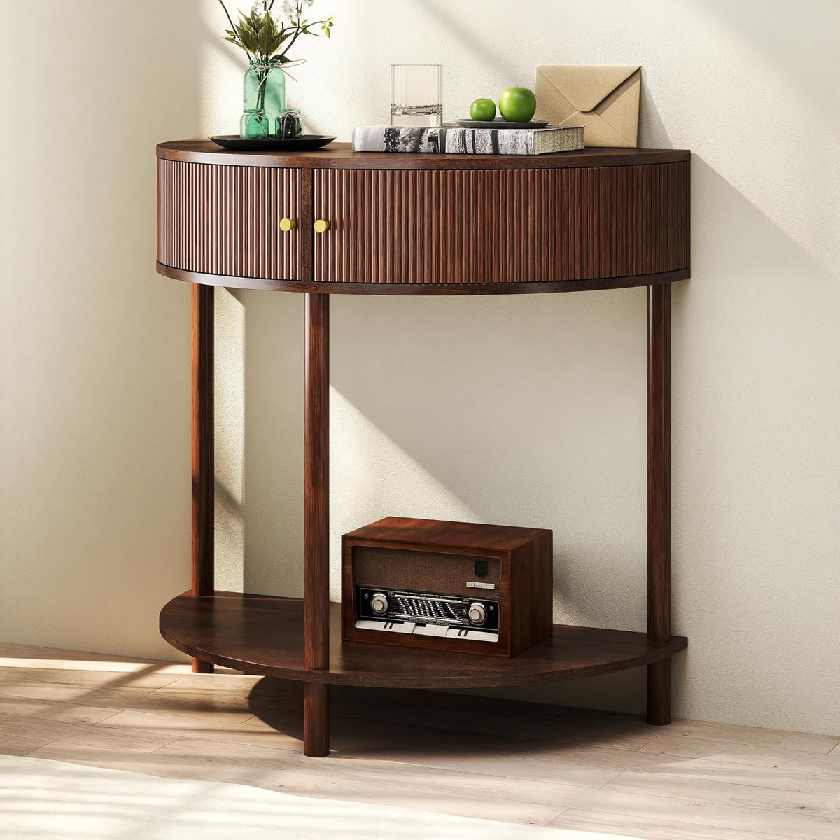 Knocbel Half Moon Console Table with Wave-Pattern Door, Semi-Circle Sofa End Table with 2 Storage Drawers and Bottom Shelf for Entryway Living Room, 31.5" W x 15.75" D x 32.3" H, Brown