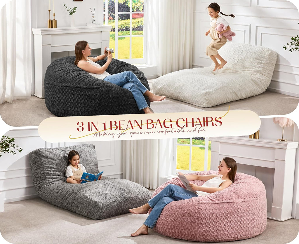 Hobestluk Bean Bag Chair Convertible 3 in 1 Beanbag Washable Giant Adult | Large,Memory Foam Filling,Plush Lounge,Bean Bag Bed ,Removable Cover,Living Room Bedroom Dorm,Sleeping ,Full,White