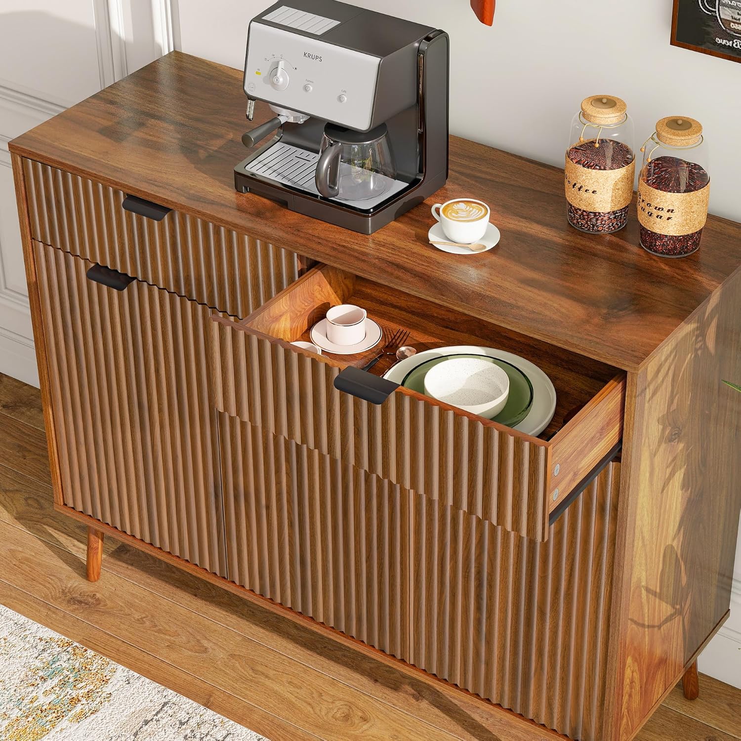 LYNCOHOME Fluted Sideboard Buffet Cabinet with Storage,2 Drawers and 3 Doors,Wood Coffee Bar Cabinet with Solid Wood Feet for Kitchen,Hallway