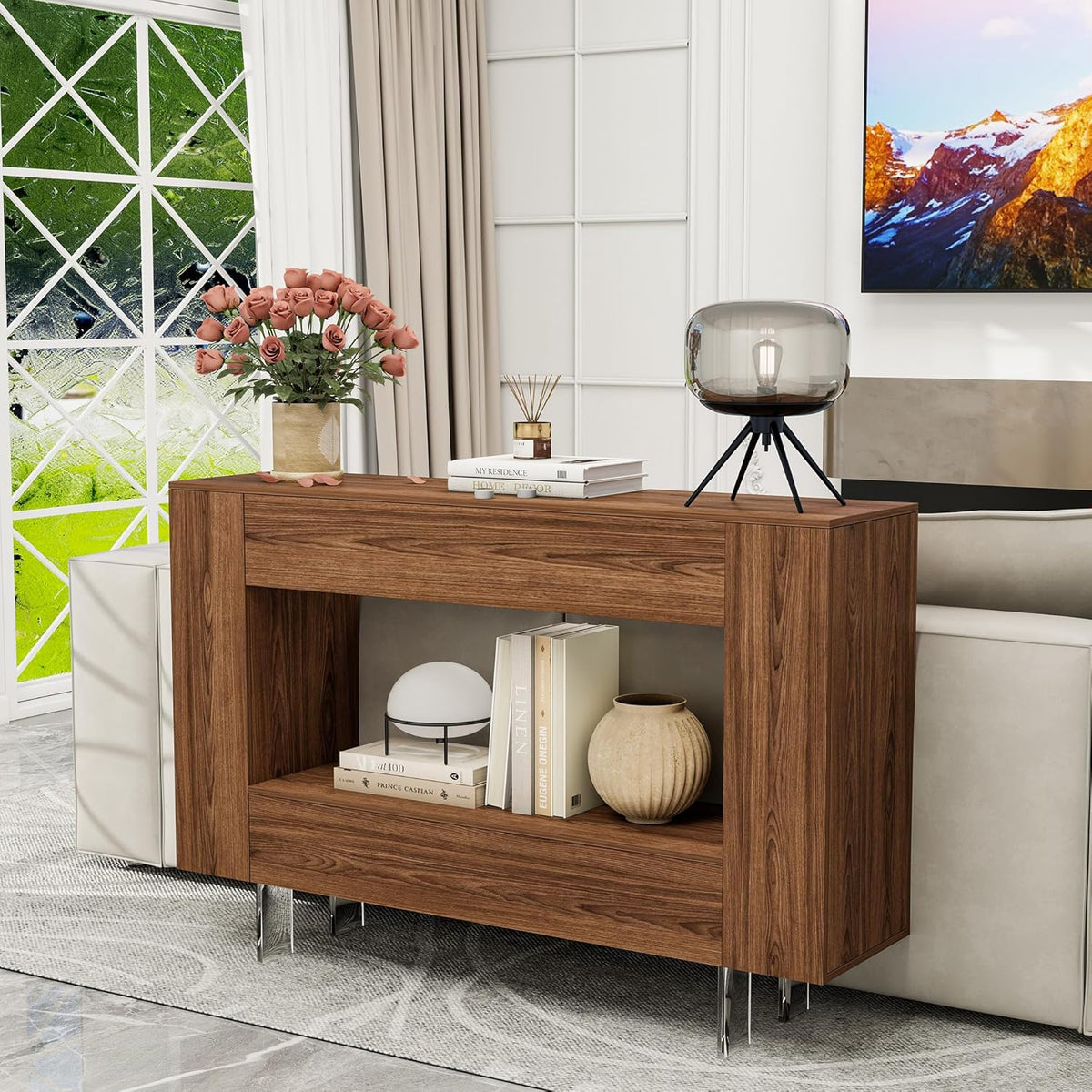 Console Table, 47" Entryway Table with Hidden Storage Cabinets, Adjustable Shelves, Farmhouse Sofa Table for Behind The Couch, Living Room, Hallway, Brown Wood Grain Finish