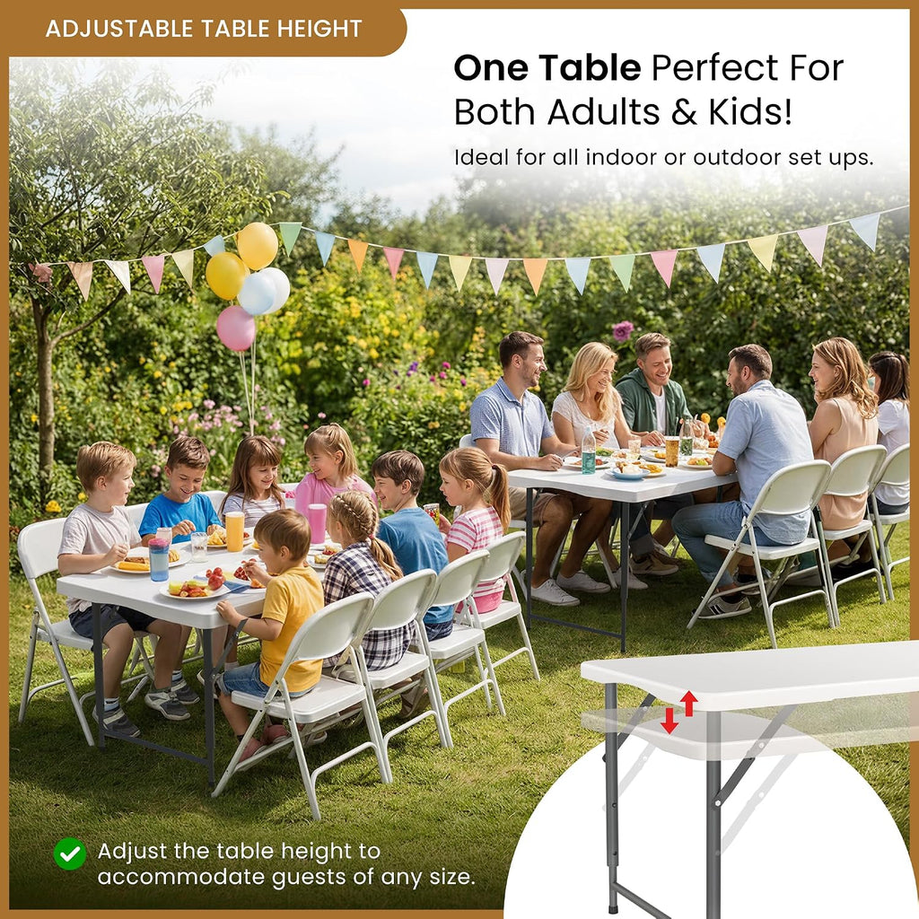 5.5 Feet ADJUSTABLE Foldable Table with Built in Handle & Steel Legs | 5.5FT Heavy Duty Folding Portable | Perfect for Party, Dining, Wedding, Events, Picnic Indoor, Outdoor, Camping, Utility, Folding