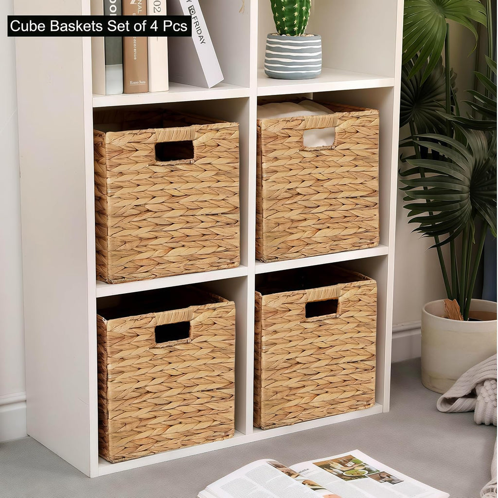 11 x 11 x 11 in Woven Storage Baskets,Set of 4 Wicker Cubes Baskets,Natural | Foldable Water Hyacinth Baskets,Handwoven Storage Baskets for Shelves,Kitchen or Outdoor