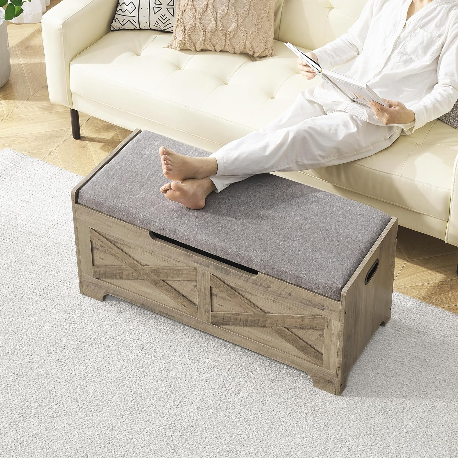 IDEALHOUSE 39.4" Storage Bench with 2 Safety Hinges, Grey | Retro Wooden Storage Chest, Loads 300 lb, Easy Assembly, Storage Ottoman Bench for Bedroom Entryway Living Room