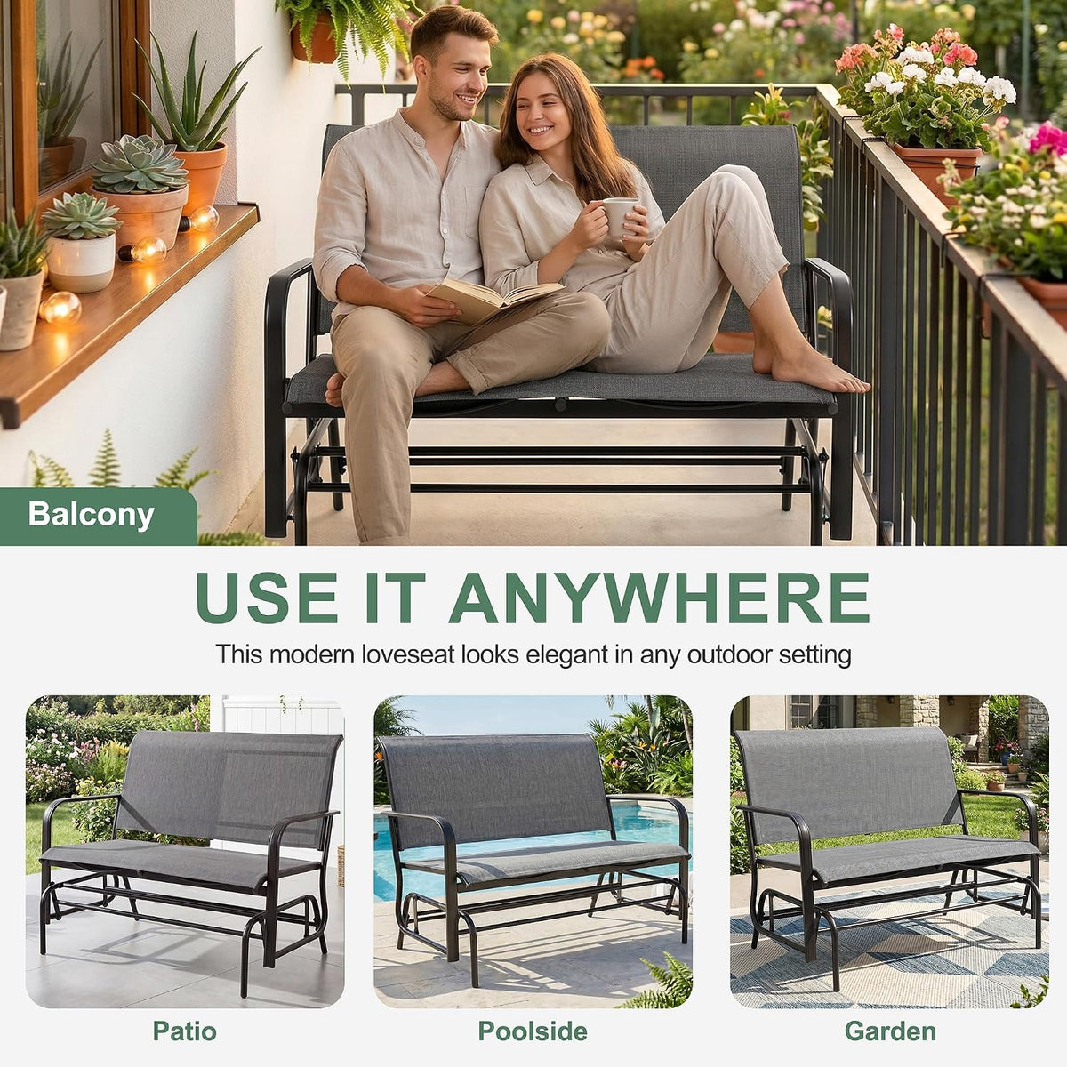 Shintenchi 2-Person Outdoor Glider Bench with Breathable Fabric, Steel Frame Patio Swing Chair, Ergonomic Design Metal Rocking Bench Loveseat for Patio, Backyard, Poolside, Gray