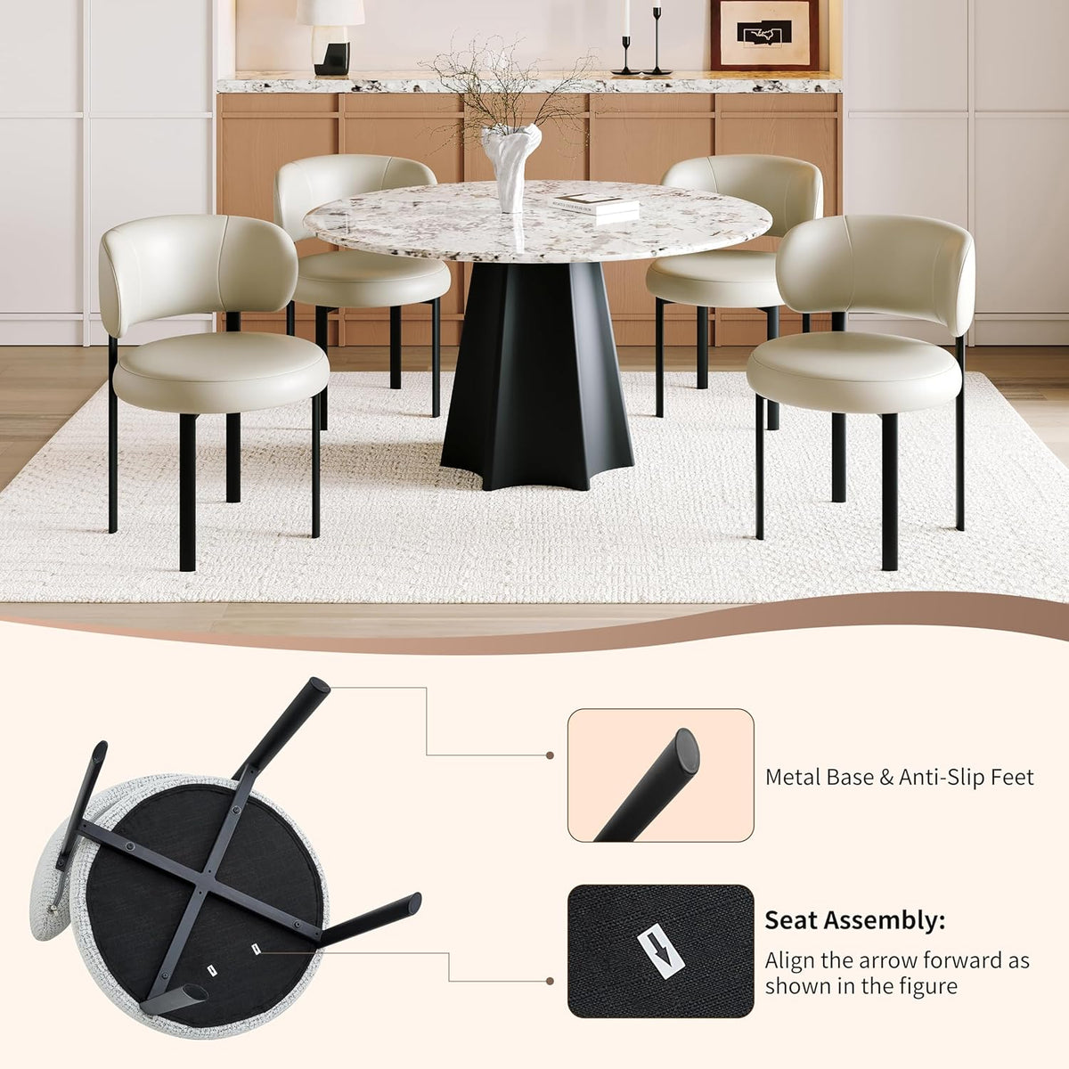 Beige Dining Chairs Set of 2 Leather Dining Chairs with Metal Legs, Spring Support and Curved Back, Round Kitchen Dining Room Chair Mid Century Modern Style for Cafe, Restrauent,Bar (Beige-2)