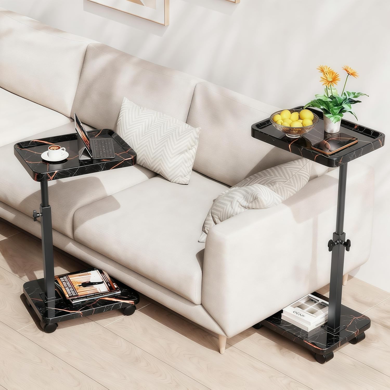 C Table End Table Adjustable Height, 360°Swivel TV Tray Table for Small Spaces, Side Tables with Wheels for Living Room and Bedroom, Bed (Black-15.7 x 11.8 inches)