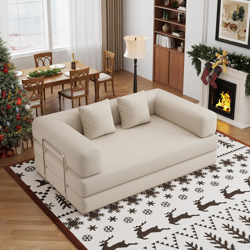 59.0 Inch Convertible Sofa Bed, 4-in-1Futon Sofas Bed Pull Out Sleeper Couch, Modern Deep Seat Sofa for Living Room, Corduroy Couches for Bedroom, Apartment, No Assembly Beige, 2 Seat
