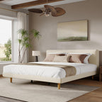 Cal-King Size Upholstered Beige Platform Bed with Chunky Headboard, Modern Fabric Bed Frame with 6-Inch Under-Bed Clearance for Bedroom, Solid Rubberwood Legs, 800lbs Capacity (California King)